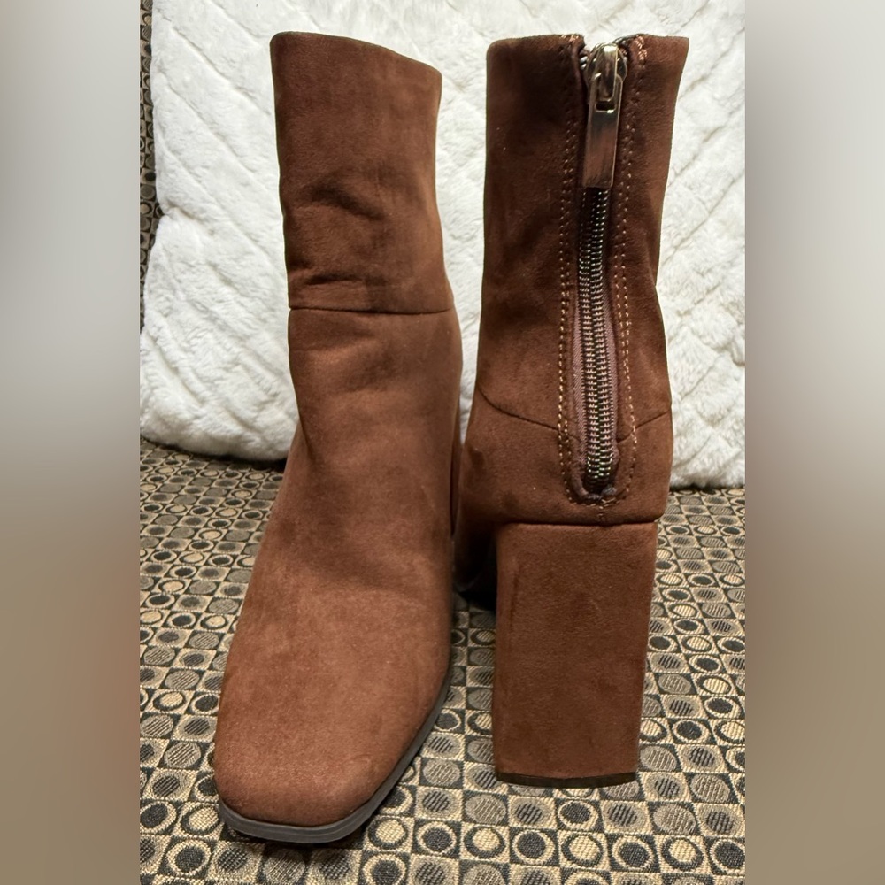 JustFab Chestnut Suede Block Heel Ankle Boots - Picture 2 of 6